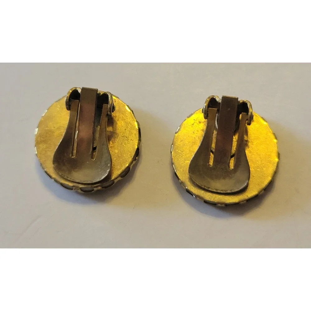 Vintage Estate Cabochon Clip-On Earrings Gold Tone Dendritic Round‎ Jewelry